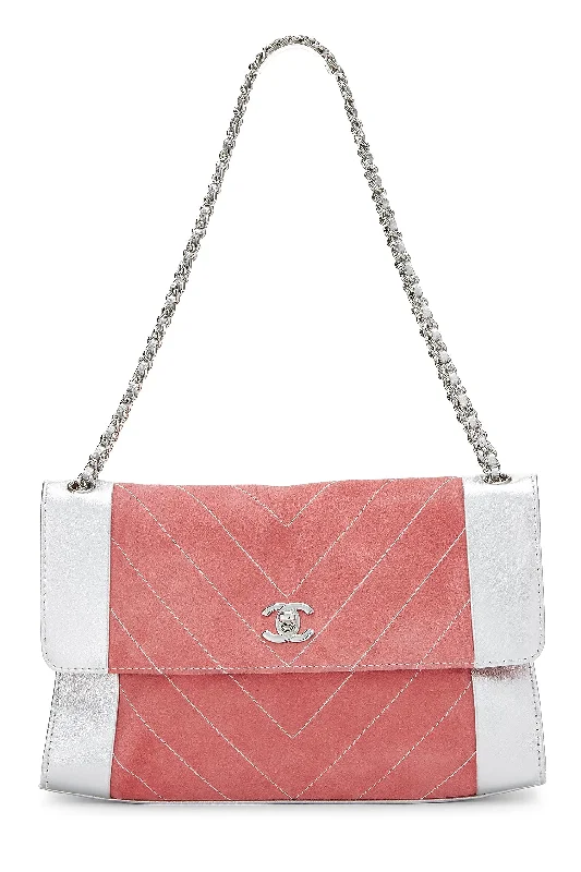 Chanel Chain Strap Handbag for Everyday UseChanel,  Pink Suede & Silver Leather Chevron Flap Medium, Pink