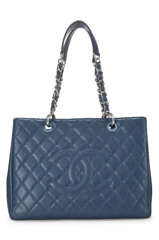 Chanel Handbag with Adjustable Strap for ComfortChanel,  Beige Quilted Caviar Grand Shopping Tote (GST), Blue