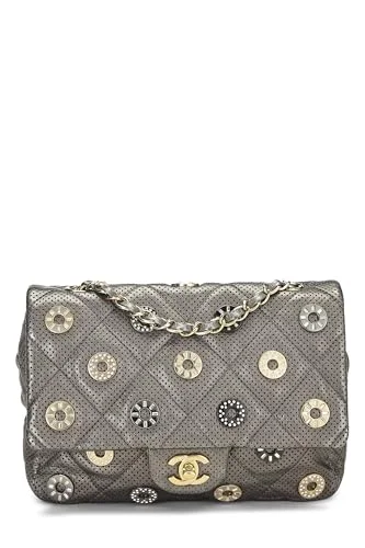 Chanel Limited Edition Handbag for CollectorsChanel,  Paris-Dubai Silver Perforated Leather Medals Flap Bag Small, Silver