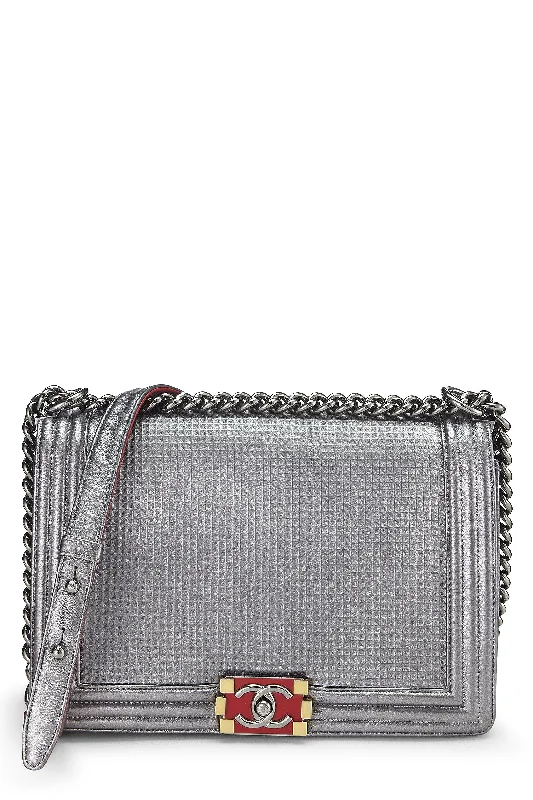 Chanel Colorful Handbag for Spring OutfitsChanel,  Silver Cube Embossed Calfskin Boy Bag Medium, Silver